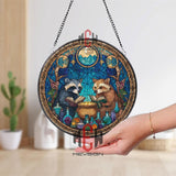 Raccoons Stained Glass Suncatcher, Round Magical Cauldron Window Panel with Books and Potions, Fantasy Woodland Home Decor Gift