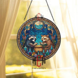 Raccoons Stained Glass Suncatcher, Round Magical Cauldron Window Panel with Books and Potions, Fantasy Woodland Home Decor Gift