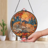 Wolves Stained Glass Suncatcher, Round Autumn Sunset Window Panel with Sleeping Pair in Forest, Nature Wildlife Home Decor Gift