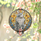 Cat Stained Glass Suncatcher, Round Gray Feline Window Panel with Yellow Flowers and Blue Accents, Elegant Pet Lover Home Decor Gift