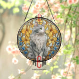 Cat Stained Glass Suncatcher, Round Gray Feline Window Panel with Yellow Flowers and Blue Accents, Elegant Pet Lover Home Decor Gift