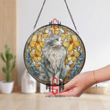 Cat Stained Glass Suncatcher, Round Gray Feline Window Panel with Yellow Flowers and Blue Accents, Elegant Pet Lover Home Decor Gift