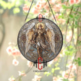 Archangel Stained Glass Suncatcher, Round Angel with Golden Wings and Scales Window Panel, Spiritual Religious Home Decor Gift
