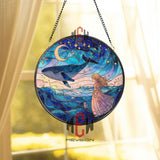 Whale and Girl Stained Glass Suncatcher, Round Ocean Night Sky Window Panel with Crescent Moon and Stars, Fantasy Dream Home Decor Gift