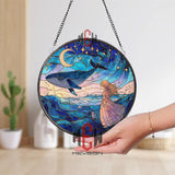 Whale and Girl Stained Glass Suncatcher, Round Ocean Night Sky Window Panel with Crescent Moon and Stars, Fantasy Dream Home Decor Gift
