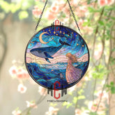 Whale and Girl Stained Glass Suncatcher, Round Ocean Night Sky Window Panel with Crescent Moon and Stars, Fantasy Dream Home Decor Gift