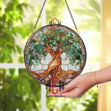 Tree of Life Stained Glass Suncatcher, Round Window Panel with Twisting Roots and Green Leaves, Nature Spiritual Home Decor Gift