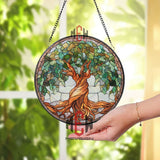 Tree of Life Stained Glass Suncatcher, Round Window Panel with Twisting Roots and Green Leaves, Nature Spiritual Home Decor Gift