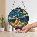Jesus Starry Night Stained Glass Suncatcher, Round Christian Window Panel with Shepherds and Sheep, Religious Faith Home Decor Gift