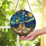 Jesus Starry Night Stained Glass Suncatcher, Round Christian Window Panel with Shepherds and Sheep, Religious Faith Home Decor Gift