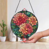 Dahlia Stained Glass Suncatcher, Round Floral Window Panel with Red and Orange Blossoms and Green Leaves, Garden Nature Home Decor Gift