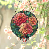 Dahlia Stained Glass Suncatcher, Round Floral Window Panel with Red and Orange Blossoms and Green Leaves, Garden Nature Home Decor Gift