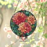 Dahlia Stained Glass Suncatcher, Round Floral Window Panel with Red and Orange Blossoms and Green Leaves, Garden Nature Home Decor Gift