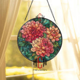 Dahlia Stained Glass Suncatcher, Round Floral Window Panel with Red and Orange Blossoms and Green Leaves, Garden Nature Home Decor Gift