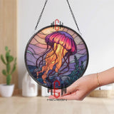 Jellyfish Stained Glass Suncatcher, Round Ocean Window Panel with Purple and Orange Sea Creature, Coastal Marine Home Decor Gift