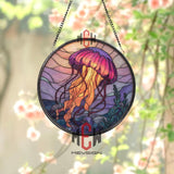 Jellyfish Stained Glass Suncatcher, Round Ocean Window Panel with Purple and Orange Sea Creature, Coastal Marine Home Decor Gift