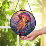Jellyfish Stained Glass Suncatcher, Round Ocean Window Panel with Purple and Orange Sea Creature, Coastal Marine Home Decor Gift