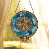 Compass Rose Stained Glass Suncatcher, Round Nautical Window Panel with Gold Directions and Blue Ocean Design, Coastal Home Decor Gift