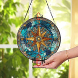 Compass Rose Stained Glass Suncatcher, Round Nautical Window Panel with Gold Directions and Blue Ocean Design, Coastal Home Decor Gift