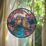 Owls Stained Glass Suncatcher, Round Window Panel with Cherry Blossoms and River Scene, Nature Bird Home Decor Hanging Gift