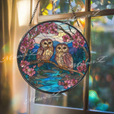 Owls Stained Glass Suncatcher, Round Window Panel with Cherry Blossoms and River Scene, Nature Bird Home Decor Hanging Gift