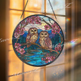 Owls Stained Glass Suncatcher, Round Window Panel with Cherry Blossoms and River Scene, Nature Bird Home Decor Hanging Gift