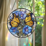 Butterfly Stained Glass Suncatcher, Round Window Panel with Blue Morning Glories, Floral Garden Nature Hanging Home Decor Gift