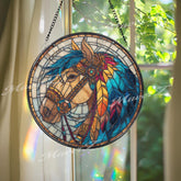 Horse Stained Glass Suncatcher, Round Window Panel with Colorful Feathers and Tribal Details, Western Cowboy Rustic Home Decor Gift