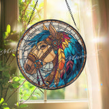Horse Stained Glass Suncatcher, Round Window Panel with Colorful Feathers and Tribal Details, Western Cowboy Rustic Home Decor Gift