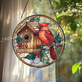 Cardinal Stained Glass Suncatcher, Round Window Panel with Birdhouse and Holly Berries, Red Bird Winter Nature Home Decor Gift