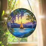 Sailboat Stained Glass Suncatcher, Round Window Panel with Sunset Lake and Wisteria Flowers, Nautical Nature Home Decor Gift