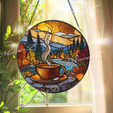 Coffee Cup Stained Glass Suncatcher, Round Window Panel with Autumn Forest and River Scene, Cozy Cabin Nature Home Decor Gift