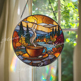 Coffee Cup Stained Glass Suncatcher, Round Window Panel with Autumn Forest and River Scene, Cozy Cabin Nature Home Decor Gift