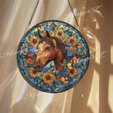 Horse Stained Glass Suncatcher, Round Window Panel with Sunflowers and Butterflies, Colorful Floral Nature Equestrian Home Decor Gift