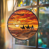 Desert Sunset Stained Glass Suncatcher, Round Window Panel with Camel Caravan Silhouette, Warm Landscape Home Decor Travel Gift