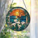Sailboat Stained Glass Suncatcher, Round Window Panel with Calla Lilies and Sunset Ocean View, Nautical Floral Nature Home Decor