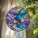 Hummingbird Stained Glass Suncatcher, Round Window Panel with Purple Flowers, Blue Bird Nature Art Hanging Home Decor Gift