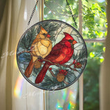 Cardinals Stained Glass Suncatcher, Round Window Panel with Red and Yellow Birds, Pinecones and Berries, Winter Nature Home Decor