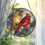 Cardinals Stained Glass Suncatcher, Round Window Panel with Red and Yellow Birds, Pinecones and Berries, Winter Nature Home Decor