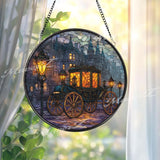 Carriage Stained Glass Suncatcher, Round Window Panel with Vintage Street Lanterns, Victorian Gothic City Scene Home Decor Gift
