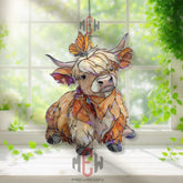 Highland Cow Acrylic Suncatcher, Cute Calf Window Decor, Stained Glass Style Farm Animal Art, Butterfly Gift for Country Home