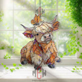 Highland Cow Acrylic Suncatcher, Cute Calf Window Decor, Stained Glass Style Farm Animal Art, Butterfly Gift for Country Home