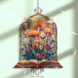 Mushroom Book Acrylic Suncatcher, Fantasy Window Decor, Stained Glass Style Art with Butterflies, Cottagecore Gift for Book Lovers