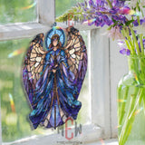 Guardian Angel Acrylic Suncatcher, Stained Glass Style Blue Winged Art, Spiritual Window Decor, Celestial Gift for Faith and Home