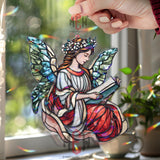 Reading Angel Acrylic Suncatcher, Stained Glass Style Window Art, Fairy with Book Decor, Spiritual Gift for Book and Angel Lovers