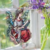 Reading Angel Acrylic Suncatcher, Stained Glass Style Window Art, Fairy with Book Decor, Spiritual Gift for Book and Angel Lovers