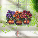 Hanging Basket Flower Acrylic Suncatcher, Stained Glass Style Window Decor, Colorful Garden Bloom Art, Spring Gift for Home Lovers