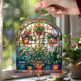 Plant Window Acrylic Suncatcher, Stained Glass Style Garden Decor, Hanging Pot Art, Botanical Window Panel Gift for Plant Lovers
