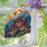 Asian Temple Acrylic Suncatcher, Stained Glass Style Mountain Landscape Art, Zen Window Decor, Travel Inspired Gift for Home