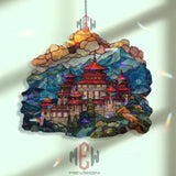 Asian Temple Acrylic Suncatcher, Stained Glass Style Mountain Landscape Art, Zen Window Decor, Travel Inspired Gift for Home